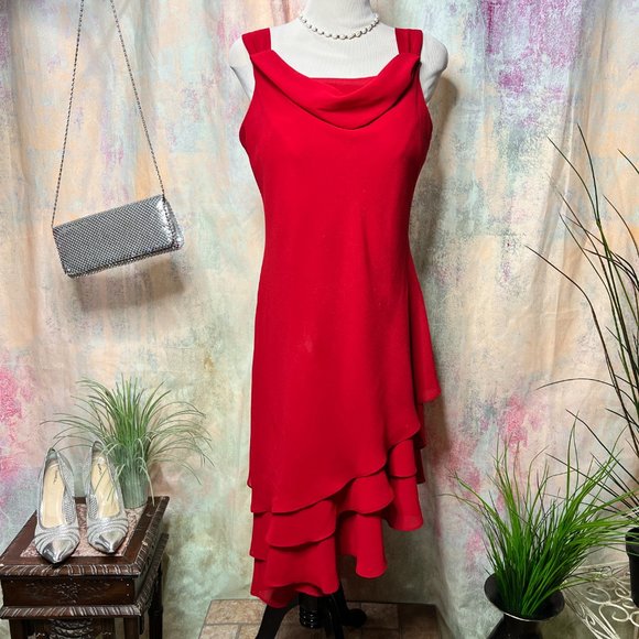 📌Karen Stevens Semi Formal Asymmetrical Chiffon Dress with Waterfall Neckline - Picture 1 of 15